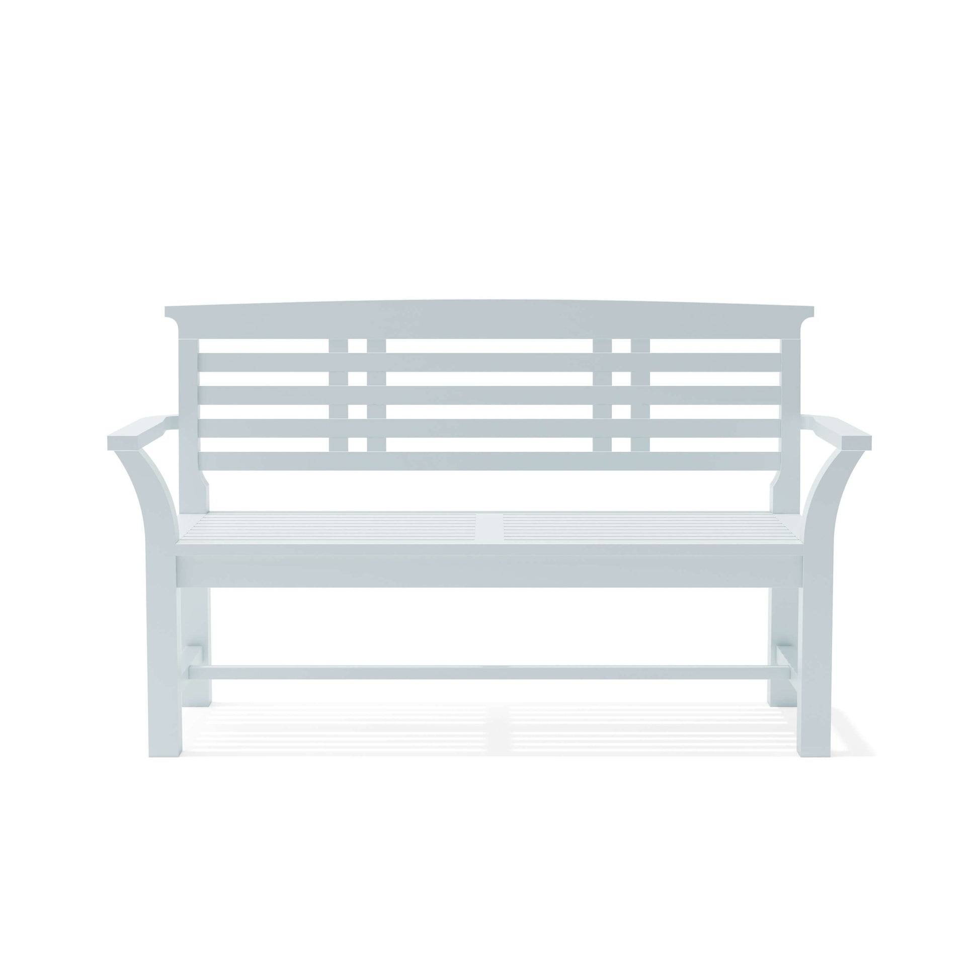 Front view of Sakura bench showing contoured seat and waterproof white paint finish