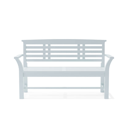 Front view of Sakura bench showing contoured seat and waterproof white paint finish