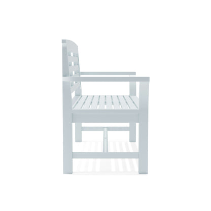 Side profile of white outdoor teak bench with graceful curved legs and smooth finish