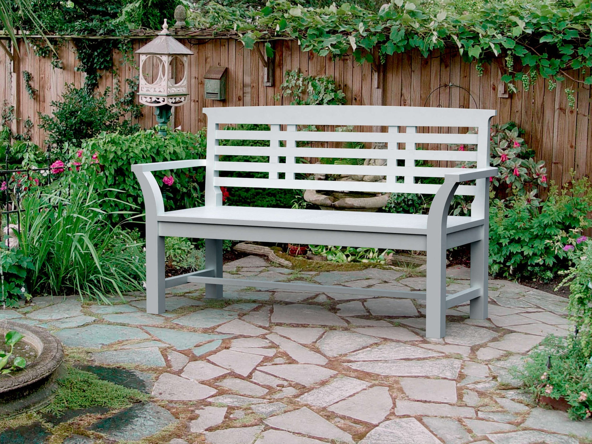 Sakura bench styled on patio and garden accents
