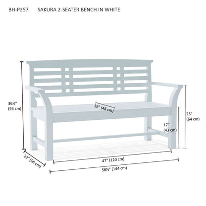 Angled view of 2-seater teak bench with back slats and durable joinery
