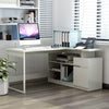 Modern White L-shaped desk with drawer, cabinet, and open shelving for office storage