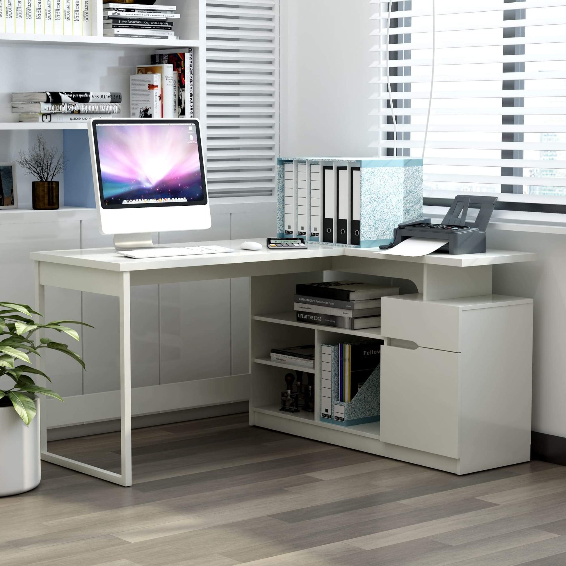 Modern White L-shaped desk with drawer, cabinet, and open shelving for office storage