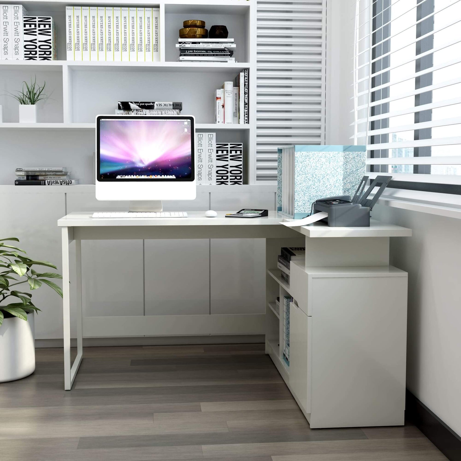 L-shaped desk with drawer, cabinet, and open shelving for office storage