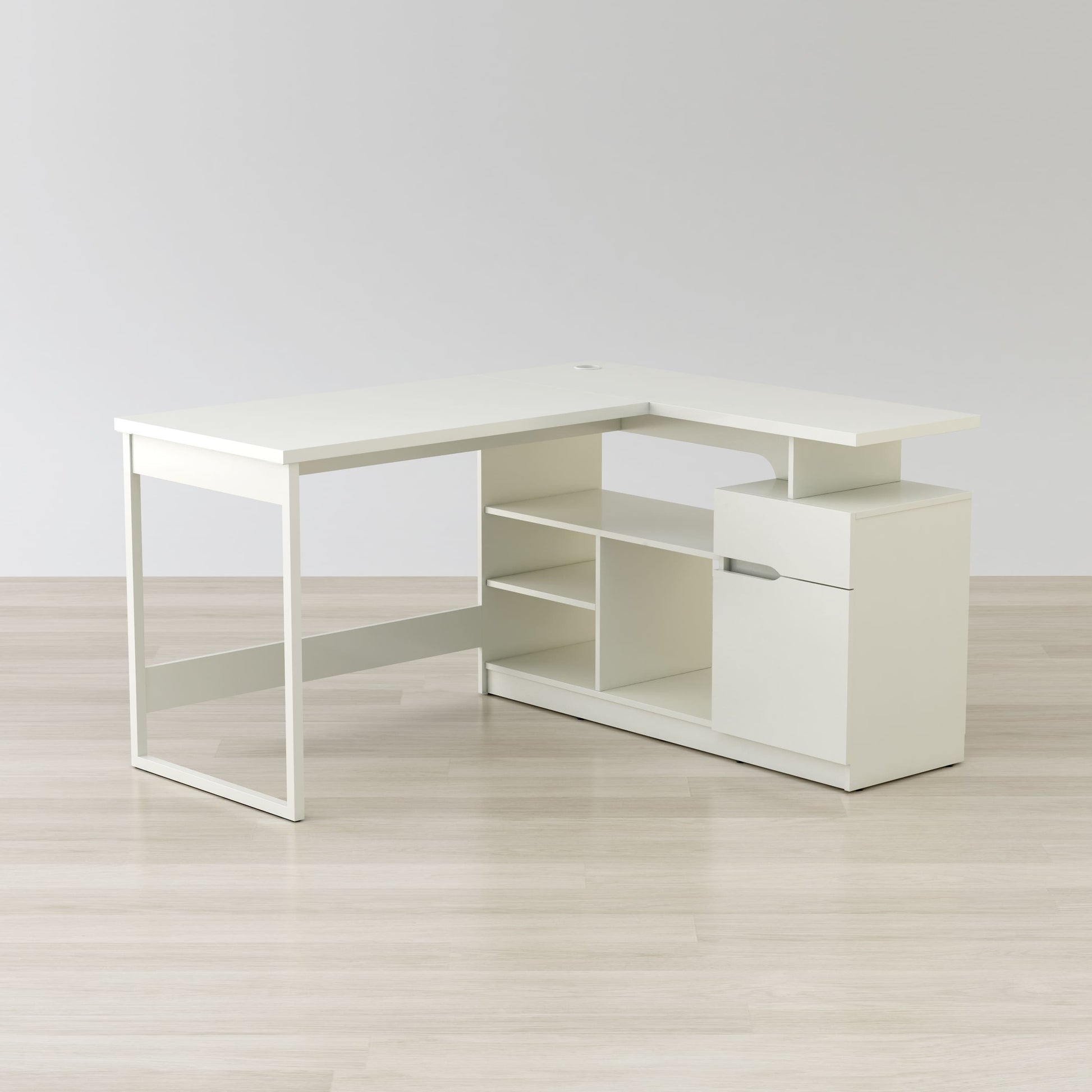 White Laminate L-shaped desk drawer, cabinet, and shelf for workspace storage