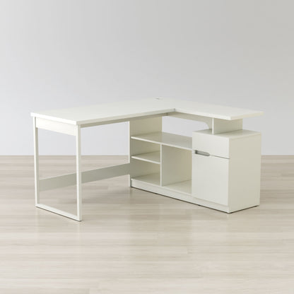 White Laminate L-shaped desk drawer, cabinet, and shelf for workspace storage