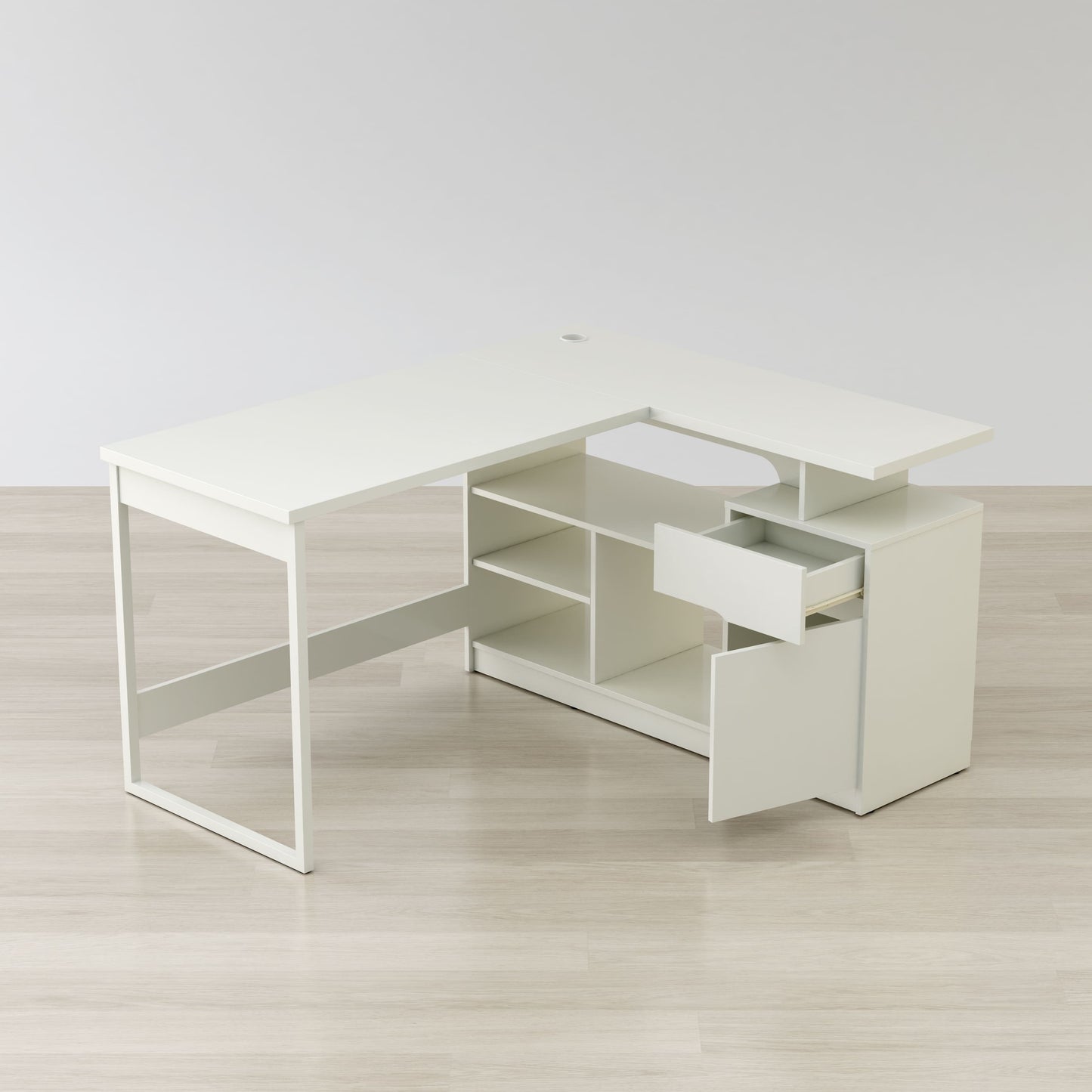 Modern L-shaped desk with grommet hole for cable organization and clean workspace
