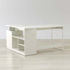 White L-shaped desk with drawer, cabinet, and open shelving for office storage