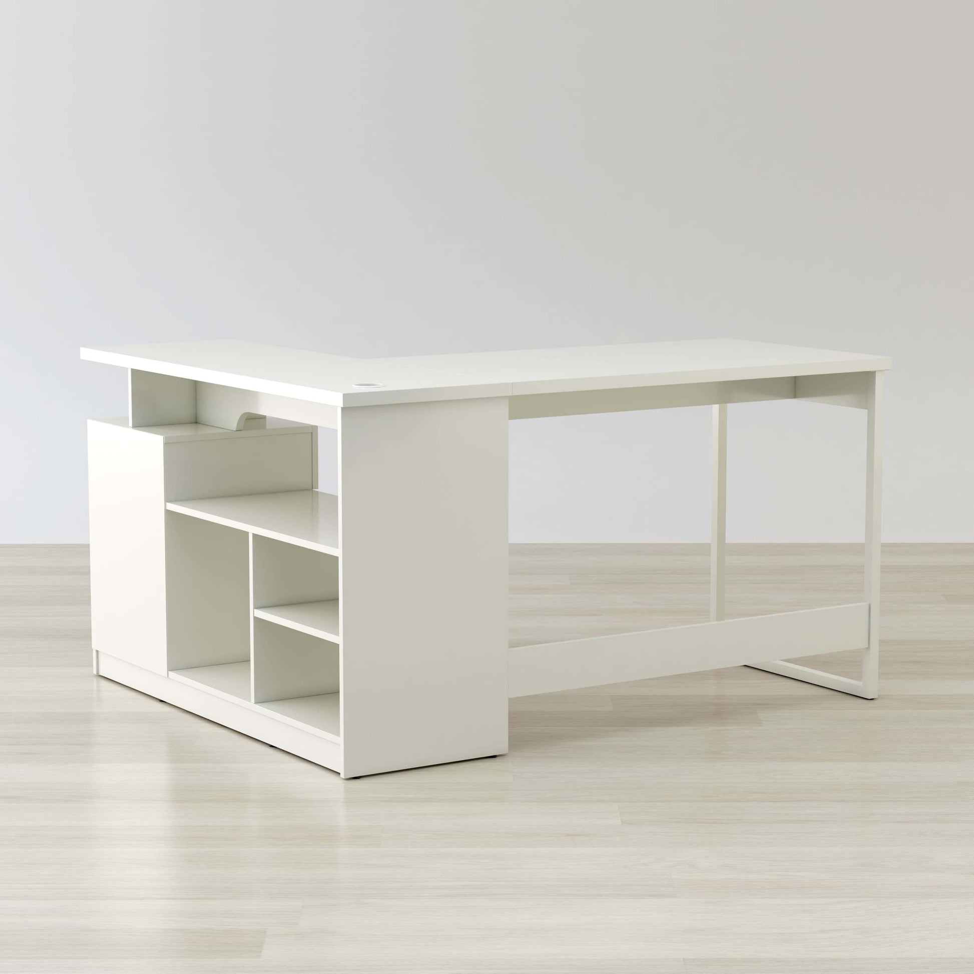 White L-shaped desk with drawer, cabinet, and open shelving for office storage