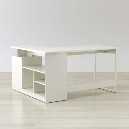 White L-shaped desk with drawer, cabinet, and open shelving for office storage