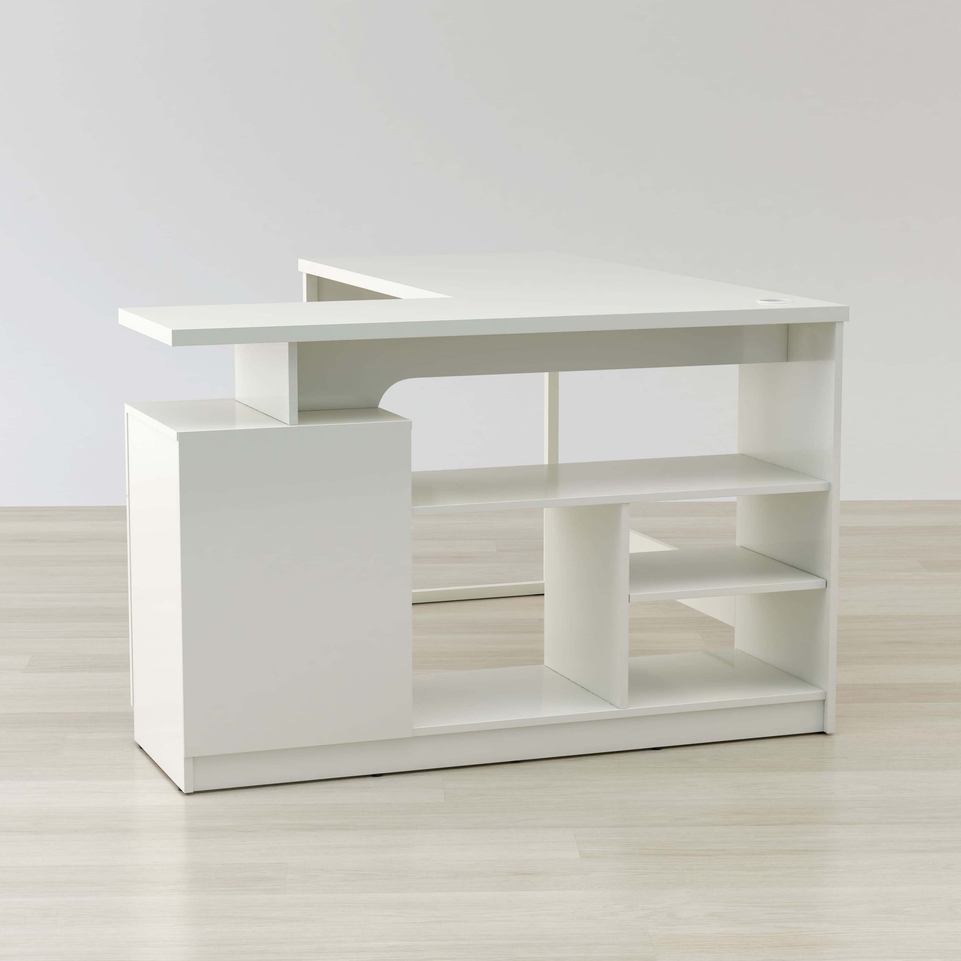 White L-shaped desk with drawer, cabinet, and open shelving for office storage