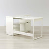 White Laminate L-shaped desk with grommet hole, drawer, cabinet, and open shelving for office storage