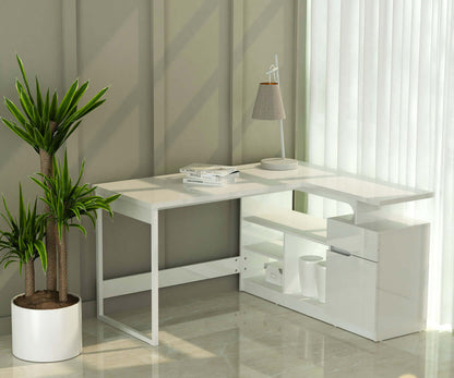 Lexi 55-inch L-shaped corner desk in gloss white with metal legs and storage compartments