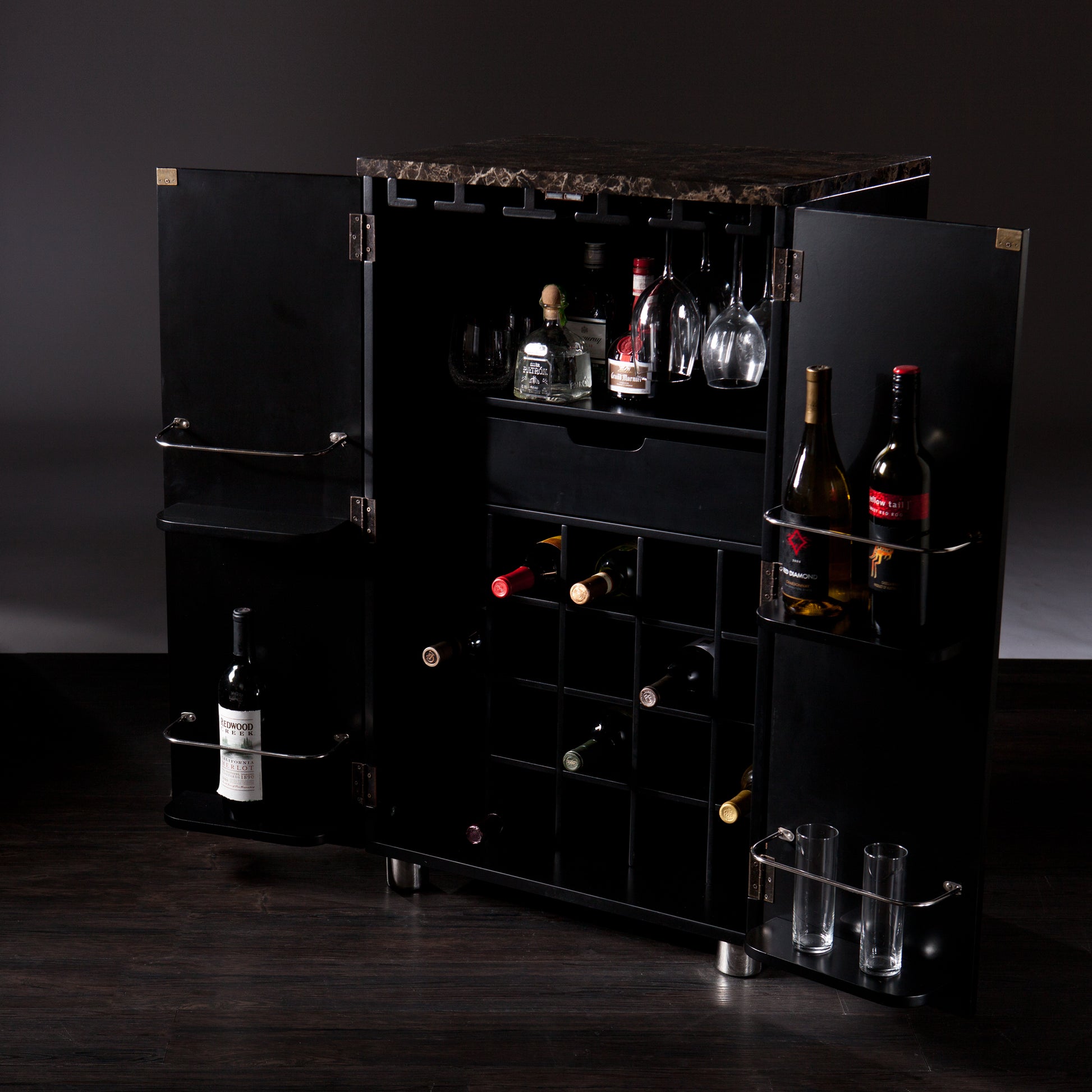 Cape Town Bar Cabinet w/ Wine Storage - bar cabinet front view with opened compartments 