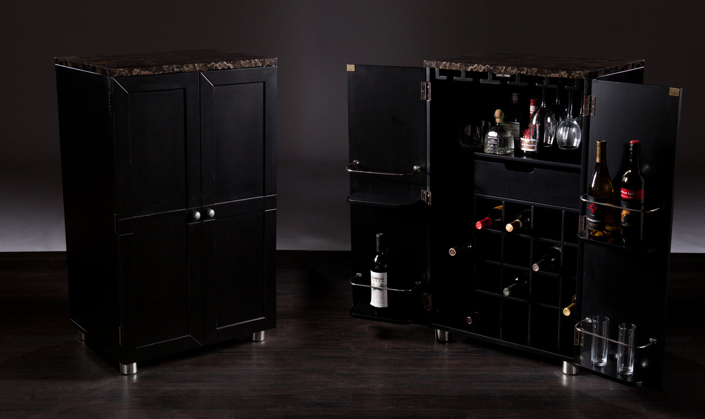 Cape Town Bar Cabinet w/ Wine Storage - bar cabinet front view with opened and closed compartments 