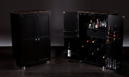 Cape Town Bar Cabinet w/ Wine Storage - bar cabinet front view with opened and closed compartments 