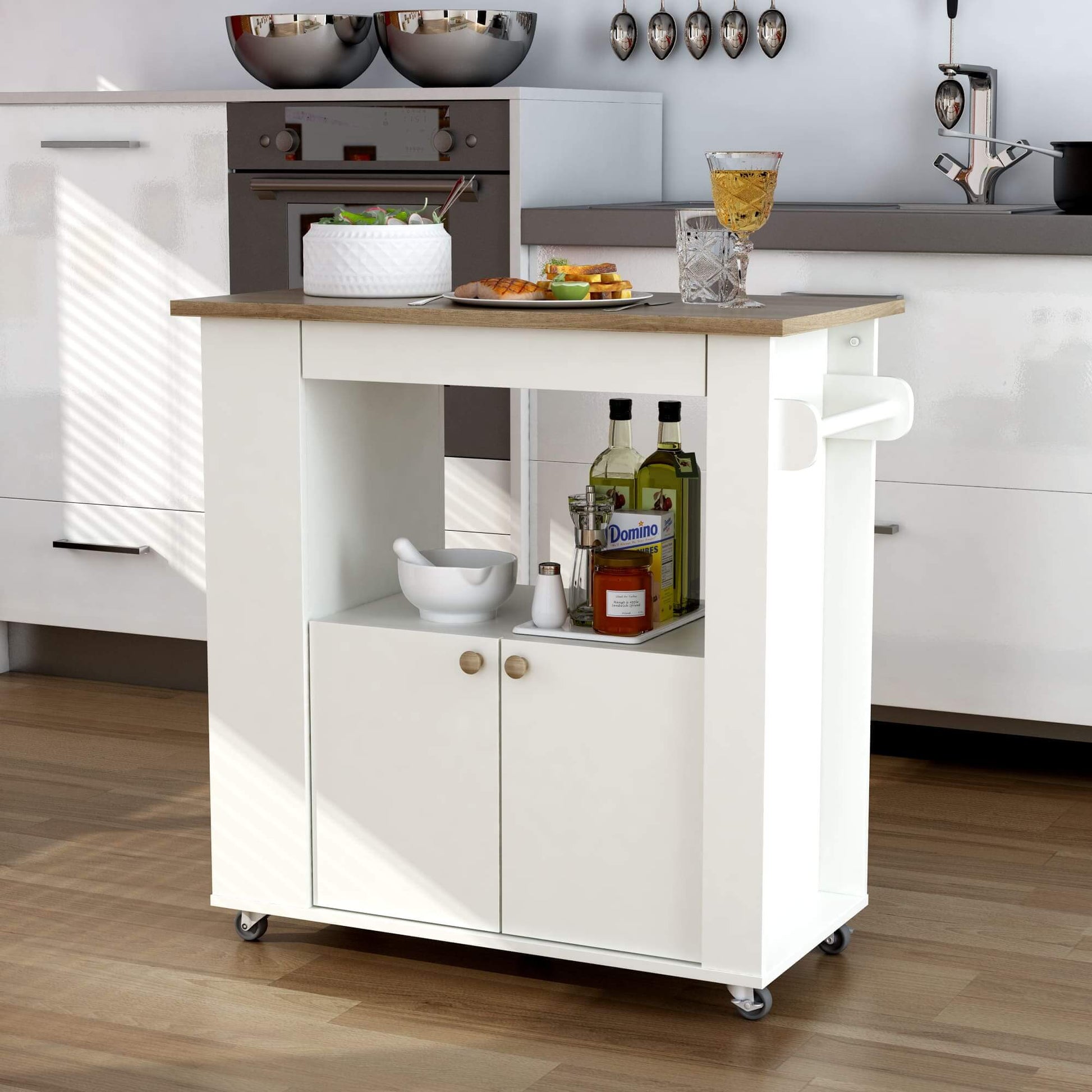 Lifestyle image of Aston kitchen cart in home kitchen setup with accessories