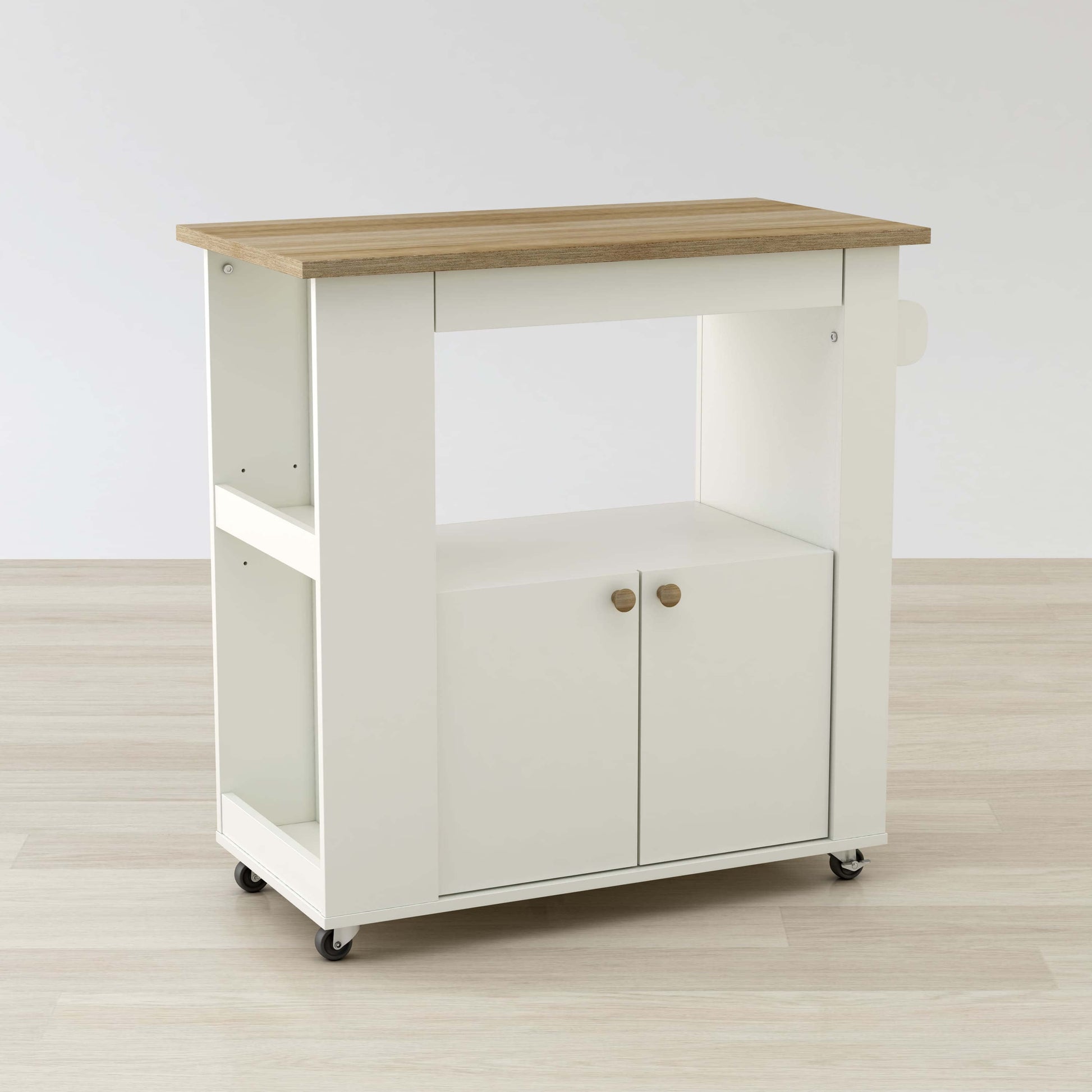 Aston 33.5-inch kitchen cart with pull-out extension table and dual-door cabinet