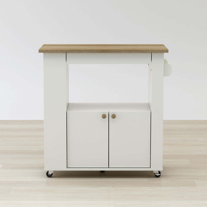 Rolling kitchen cart with vertical storage slots and towel rack handle