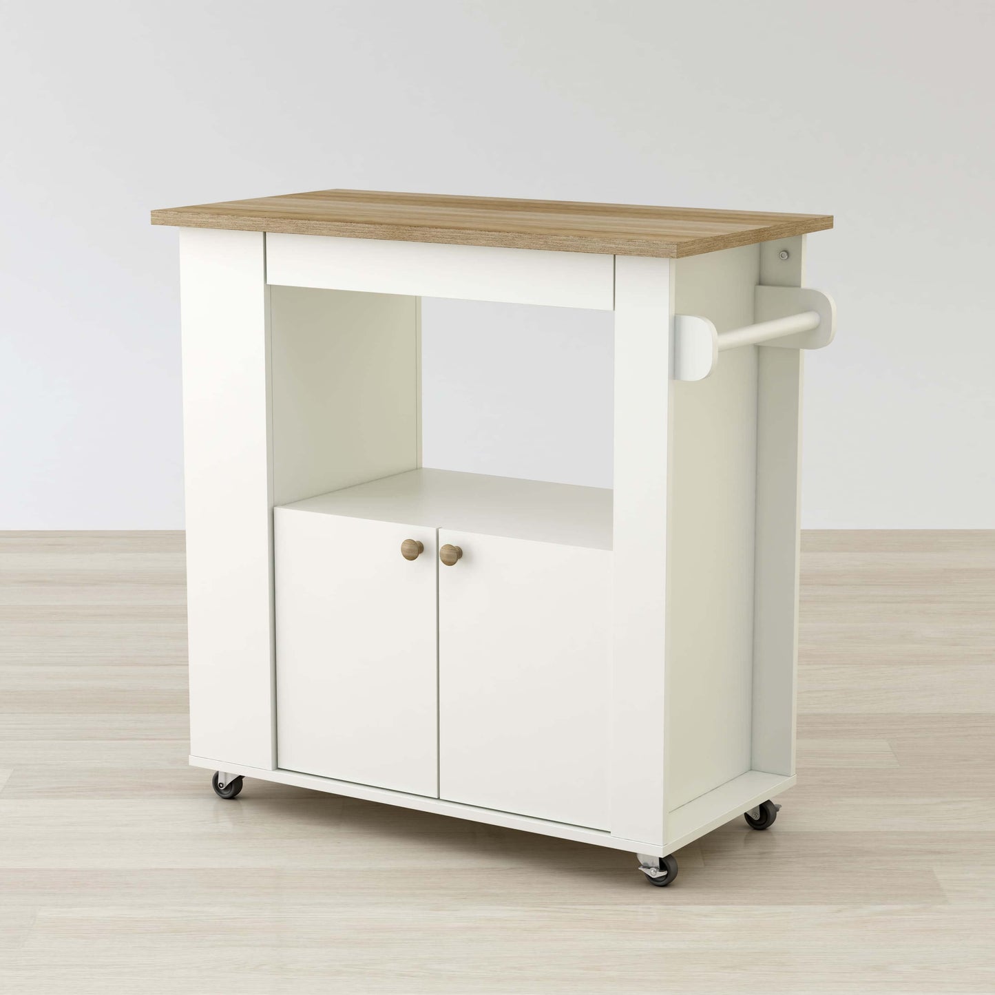 Rolling kitchen cart with vertical storage slots and towel rack handle