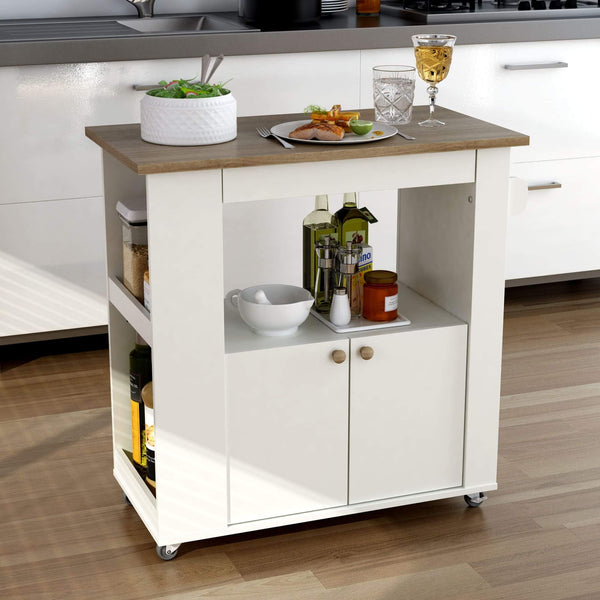 Aston 33.5-inch kitchen cart with pull-out extension table and dual-door cabinet