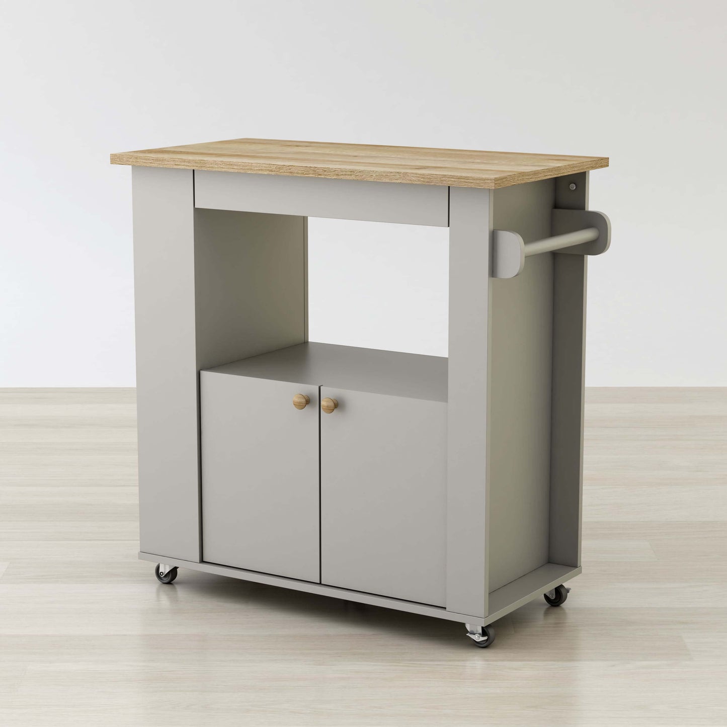 Astor 35-inch kitchen cart with pull-out extension table and dual-door cabinet in wood finish