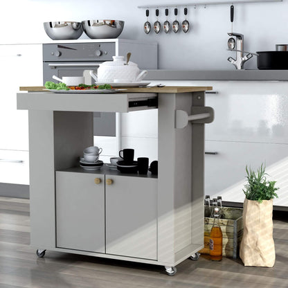 Rolling kitchen cart with vertical storage slots, towel bar, and smooth-glide wheels