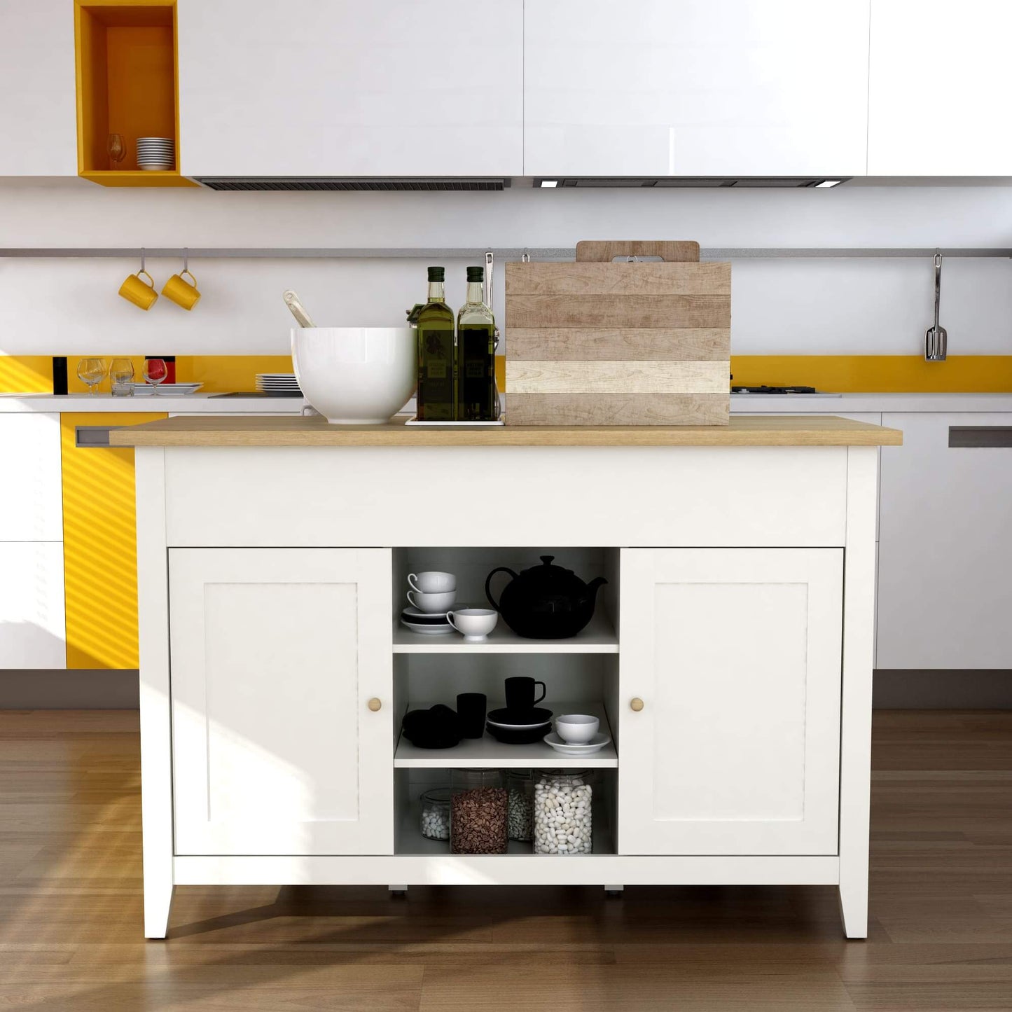 Lifestyle image of Delphi kitchen island styled in home kitchen with accessories