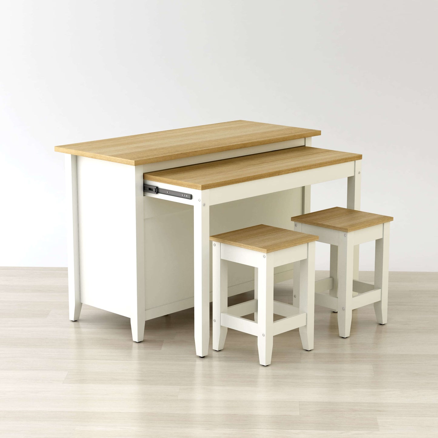 Delphi 53-inch kitchen island cabinet with extension table and two stools in wood finish