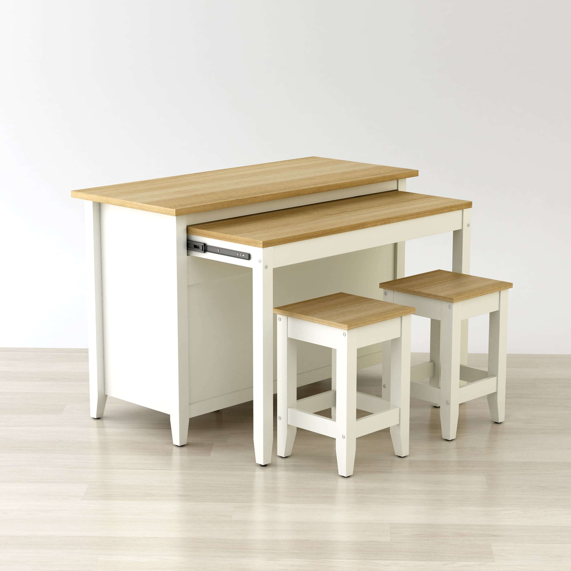 Delphi 53-inch kitchen island cabinet with extension table and two stools in wood finish