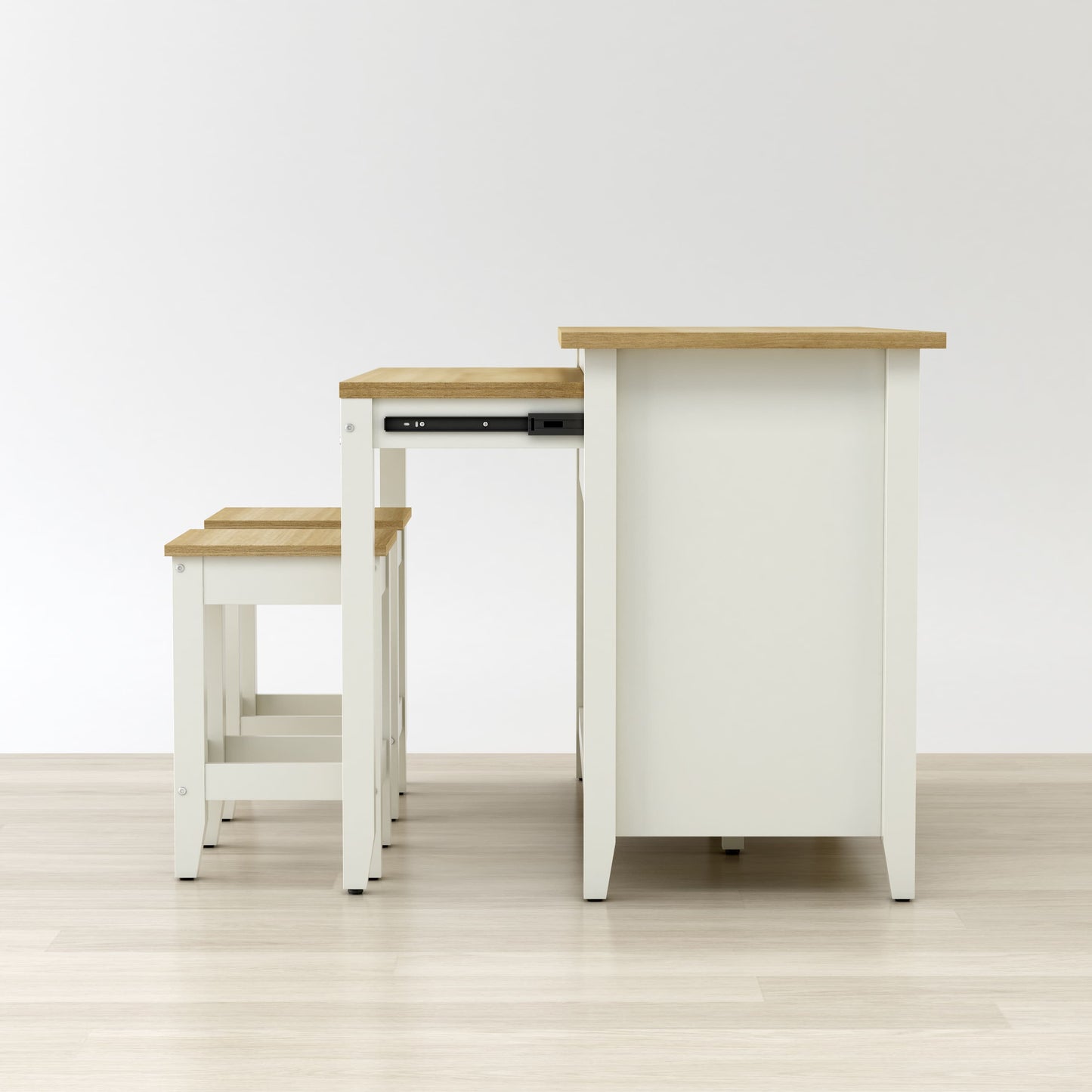 Delphi 53-inch kitchen island cabinet with extension table and two stools in wood finish