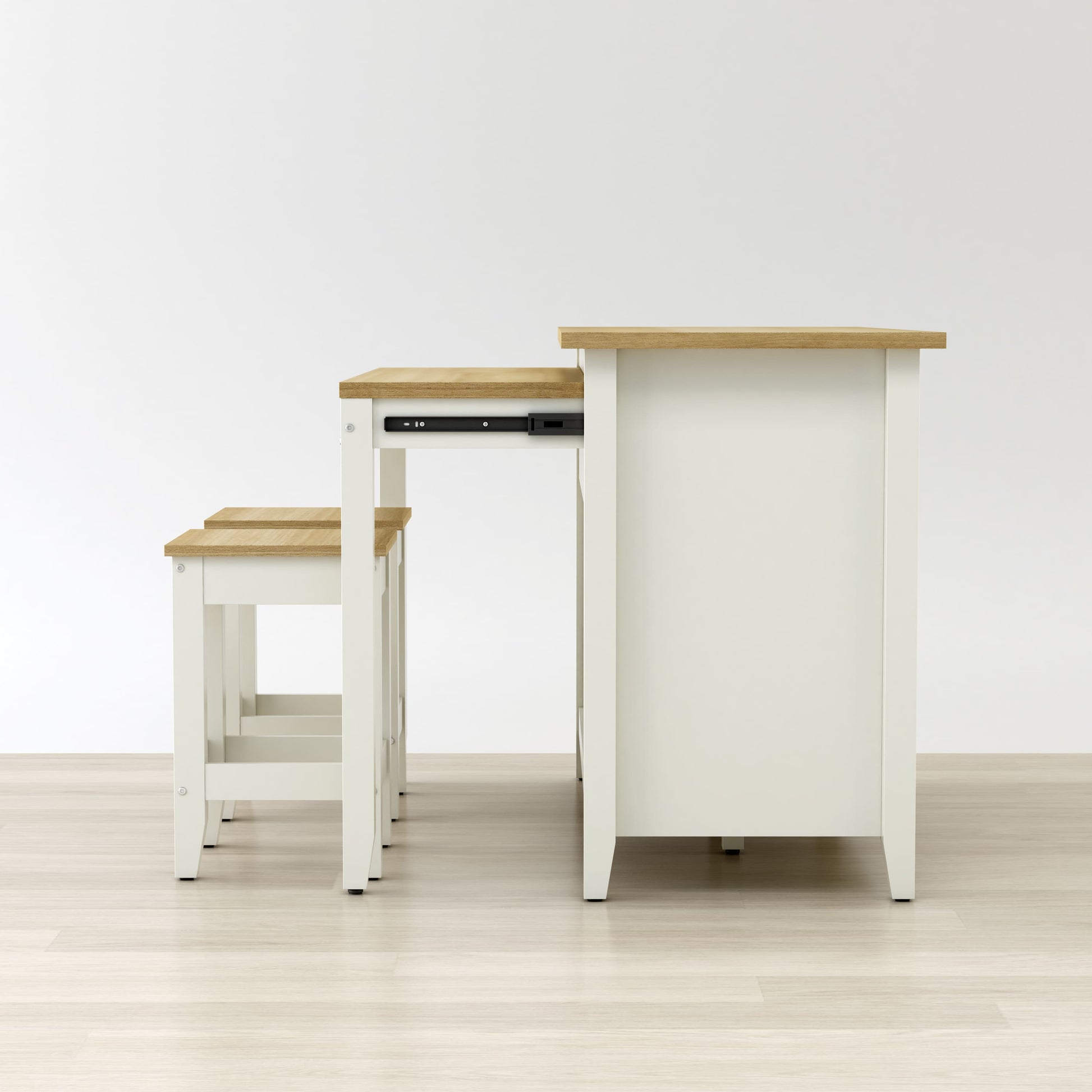 Delphi 53-inch kitchen island cabinet with extension table and two stools in wood finish