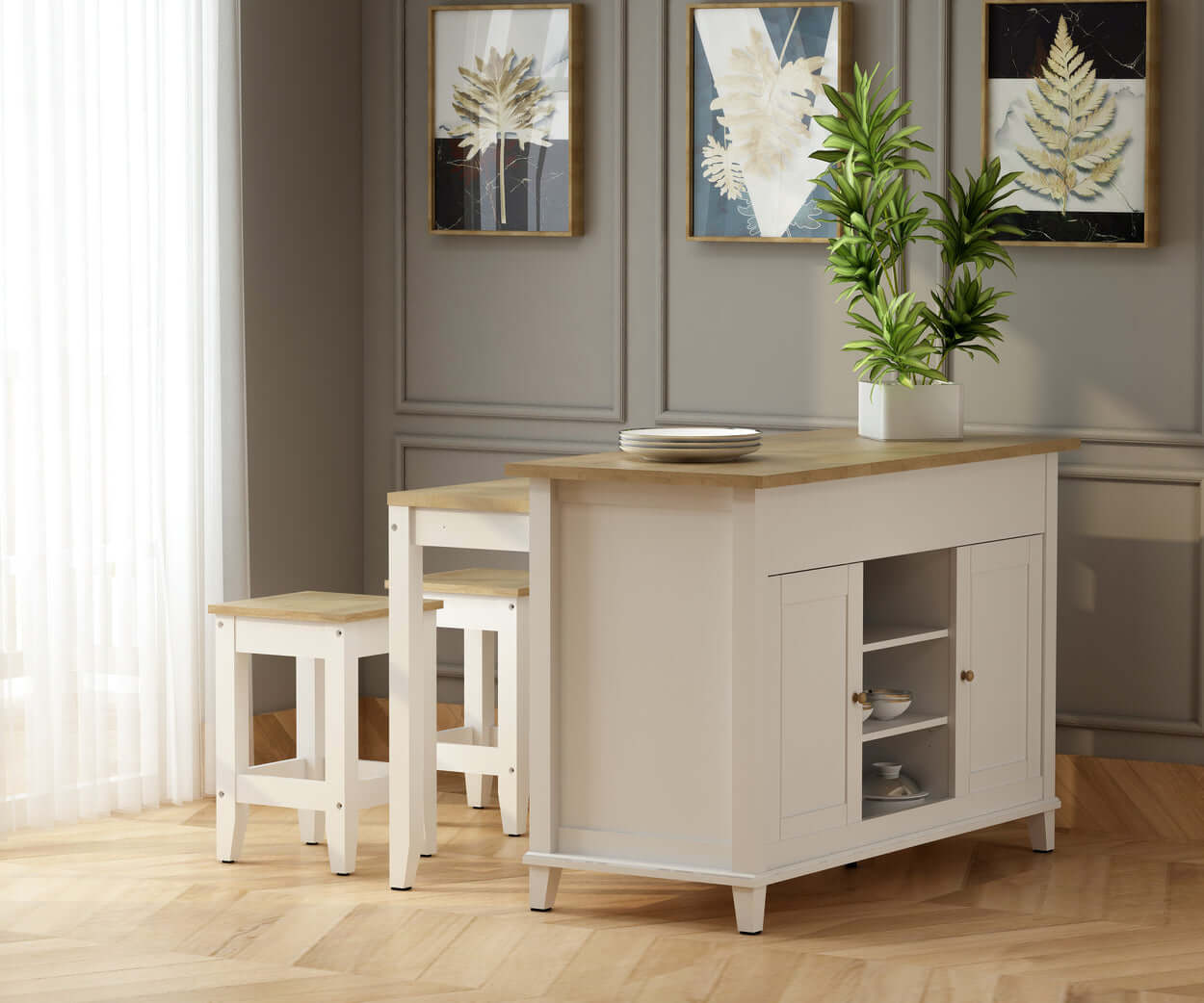 Kitchen island with seven storage shelves and dual seating area