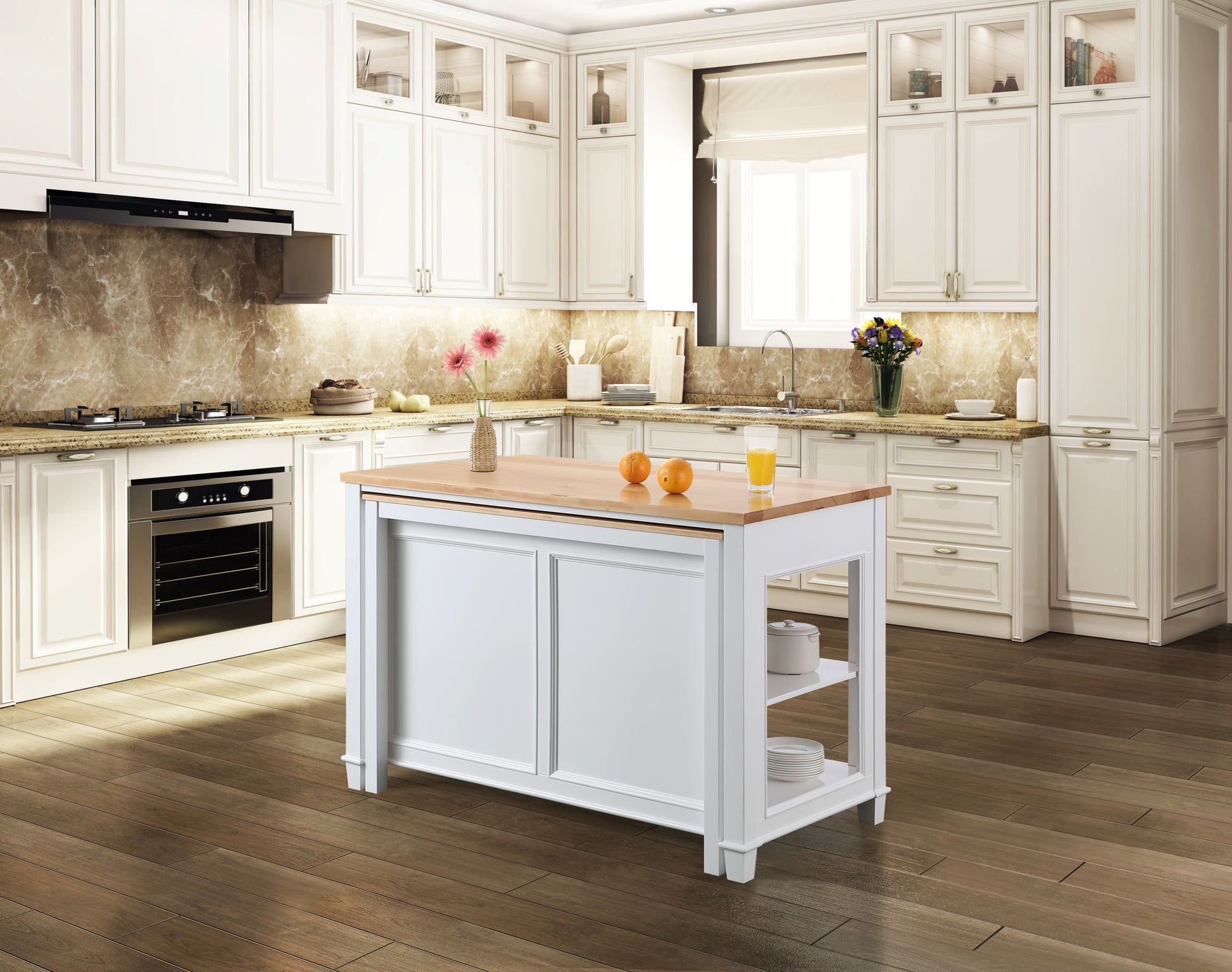 Medley 54" Kitchen Island With Slide Out Table in White