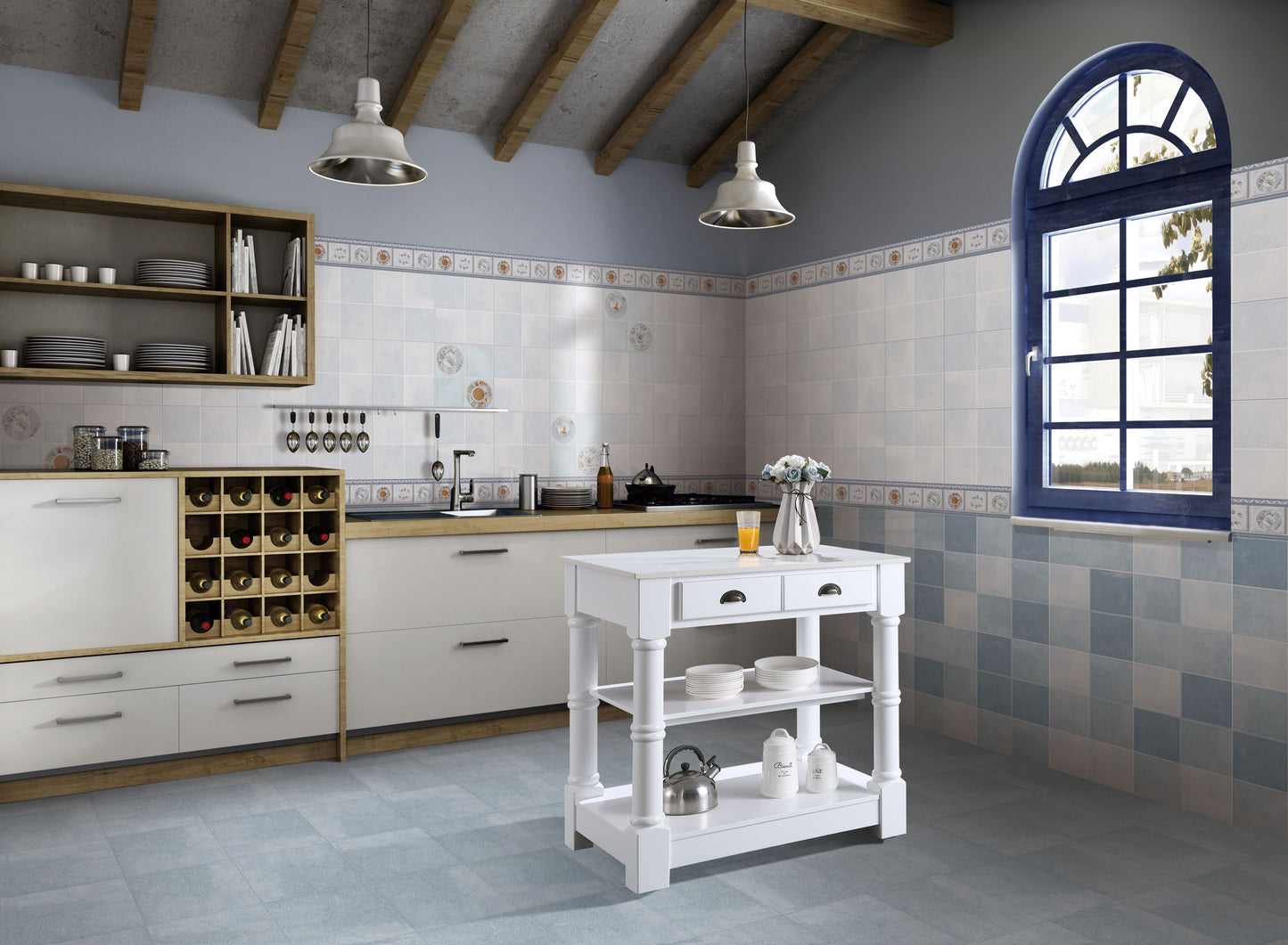 Monterey 36 " Kitchen Island With Sintered Stone Countertop in White - kitchen island front view in kitchen 