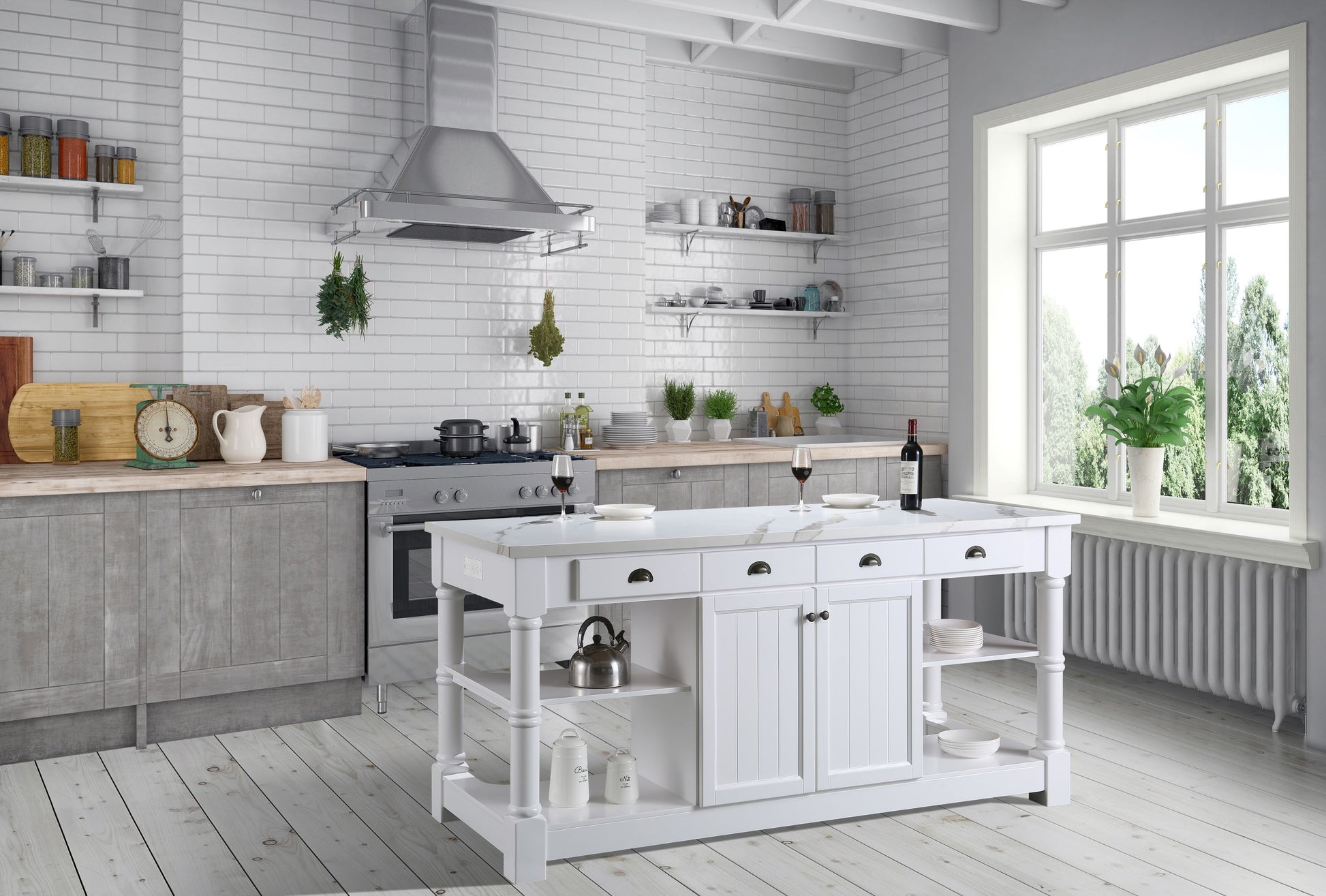 Monterey 80" Kitchen Island With White Quartz Sintered Stone Countertop in White