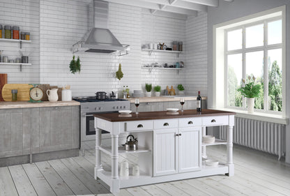 Monterey 80" Kitchen Island With Dark Walnut Veneered Wood Countertop in White - kitchen island front view in kitchen 