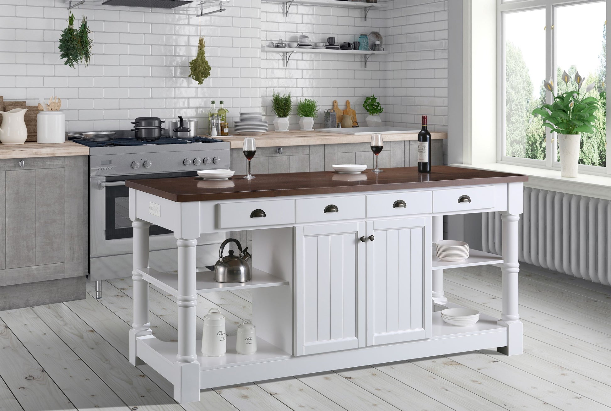 Monterey 80" Kitchen Island With Dark Walnut Veneered Wood Countertop in White - kitchen island front view in kitchen 