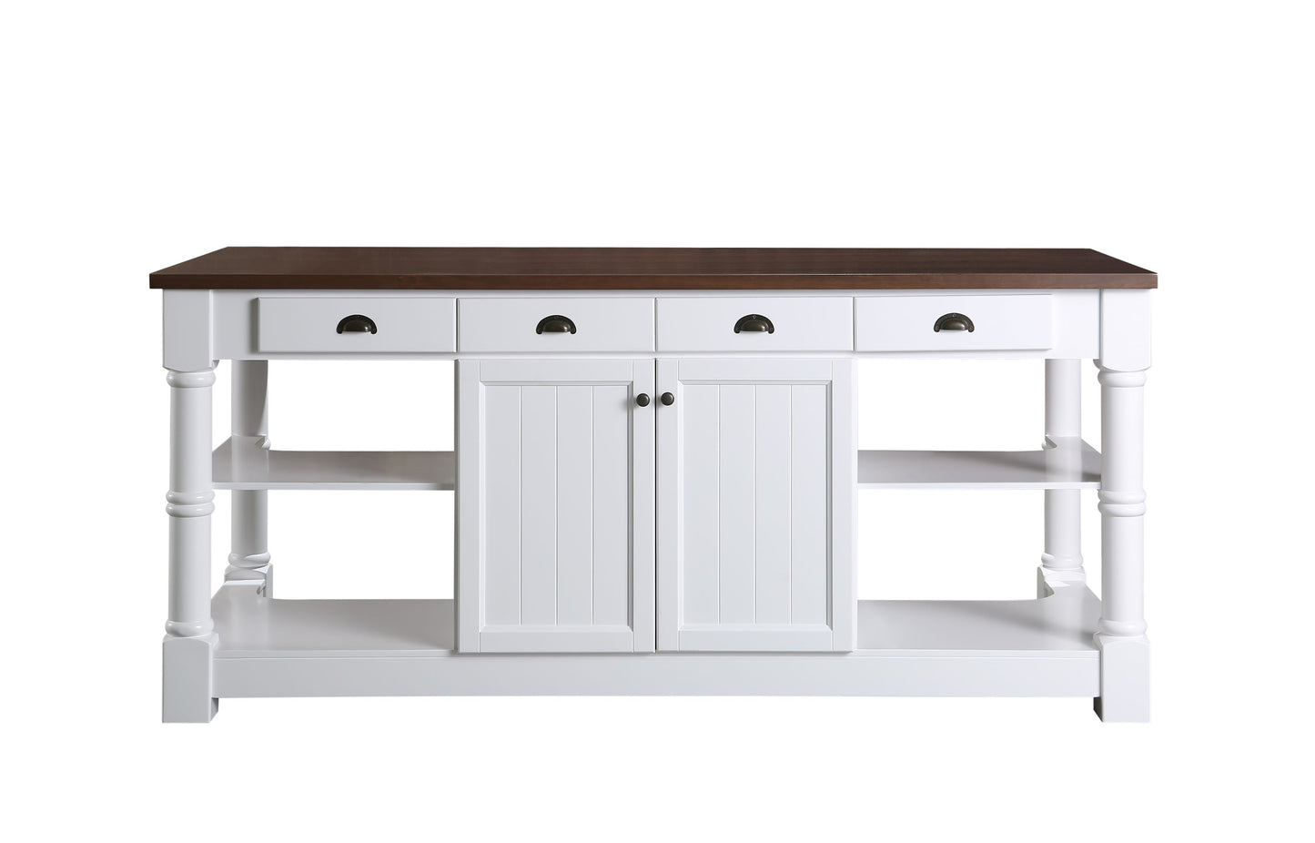 Monterey 80" Kitchen Island With Dark Walnut Veneered Wood Countertop in White - kitchen island front view