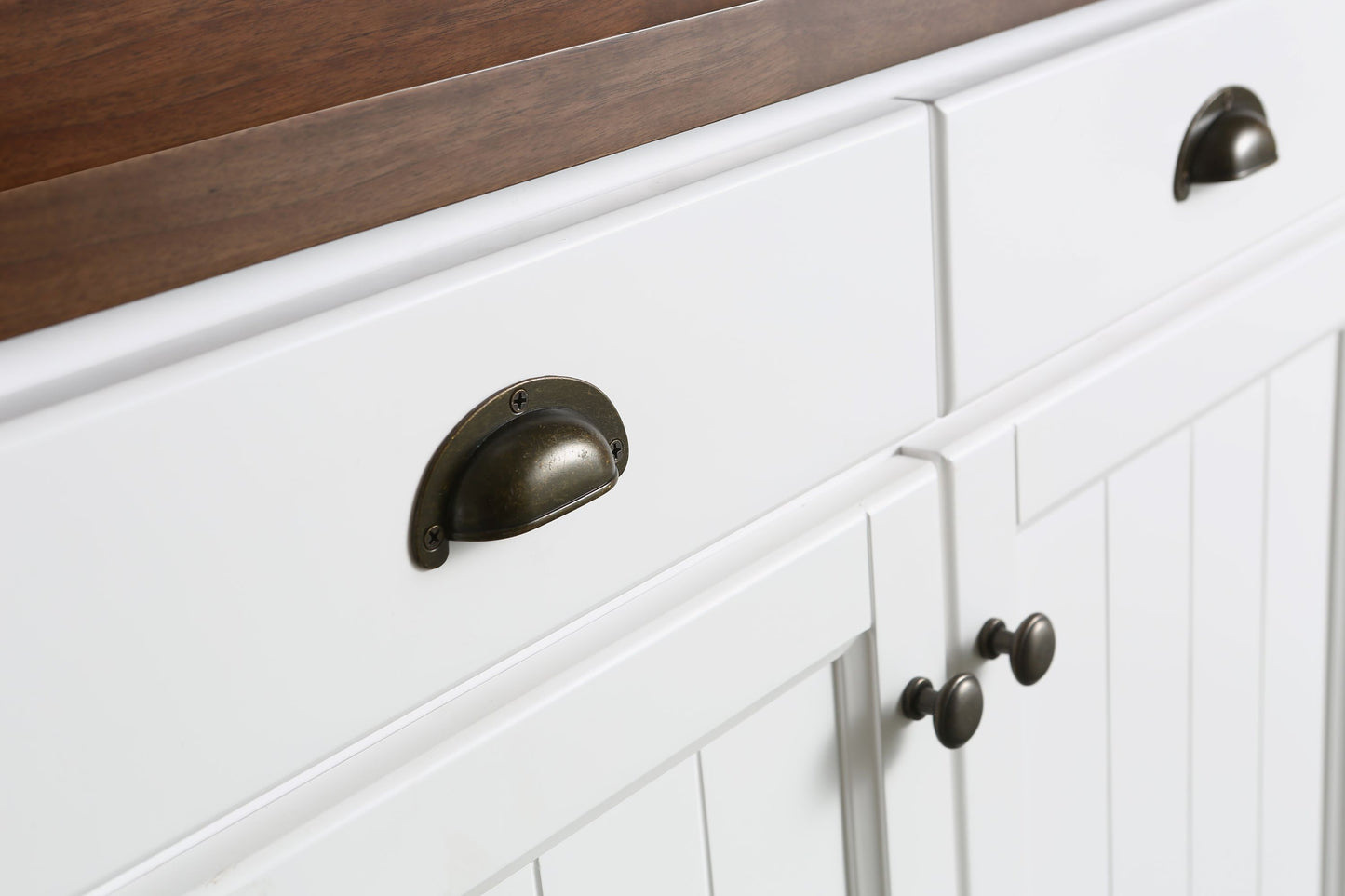 Monterey 80" Kitchen Island With Dark Walnut Veneered Wood Countertop in White - kitchen island detailed closeup of drawers and cabinets 