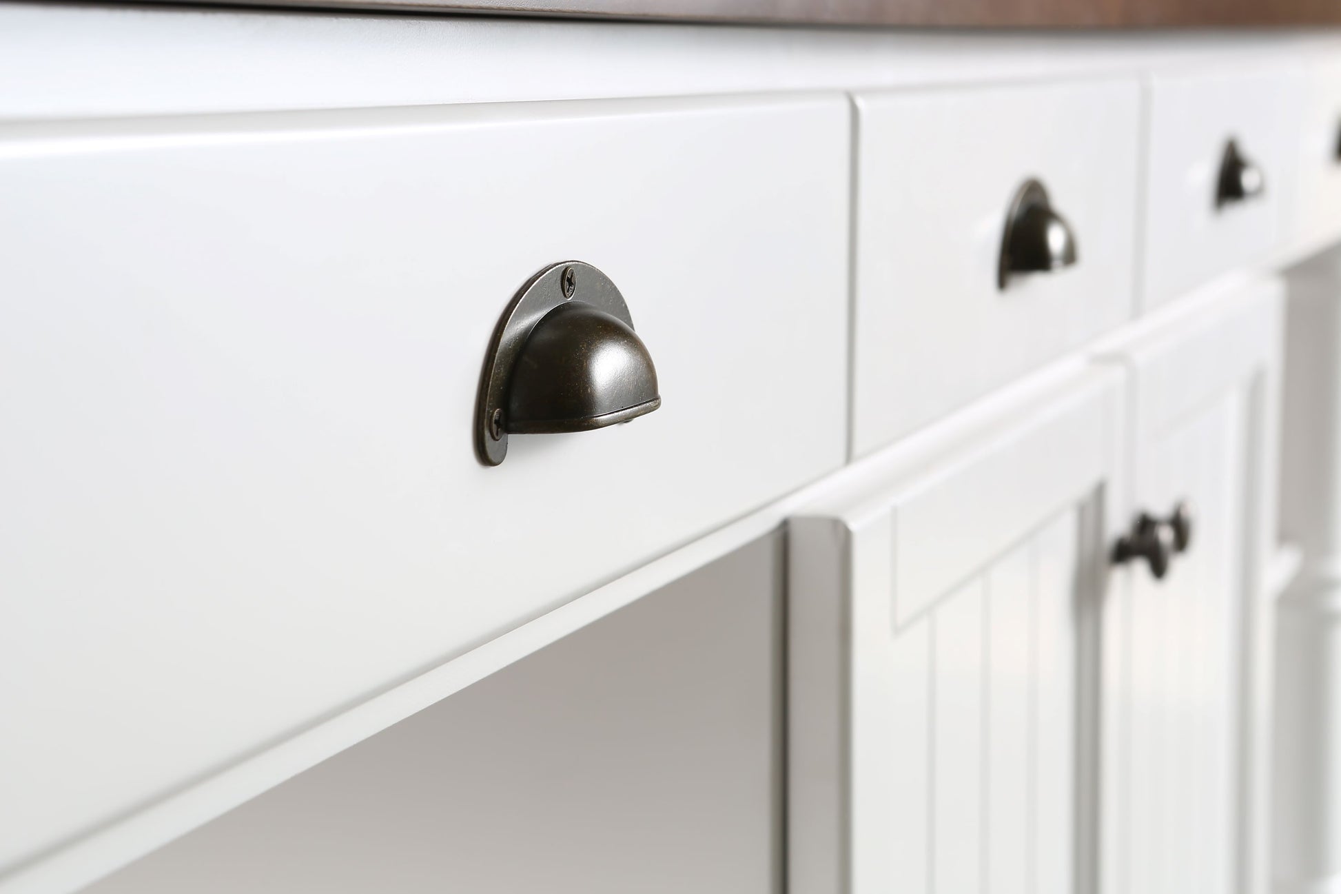 Monterey 80" Kitchen Island With Dark Walnut Veneered Wood Countertop in White - kitchen island detailed closeup of drawers 