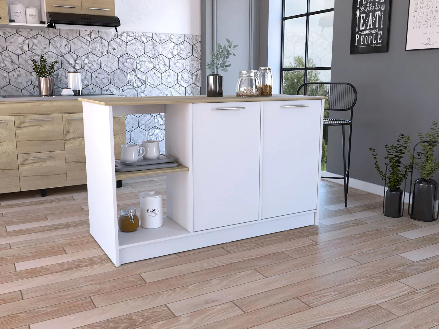 White and Oak 59" Kitchen Island With Storage