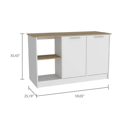 White and Oak 59" Kitchen Island With Storage