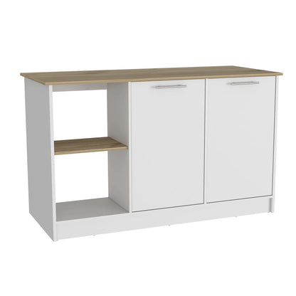 White and Oak 59" Kitchen Island With Storage