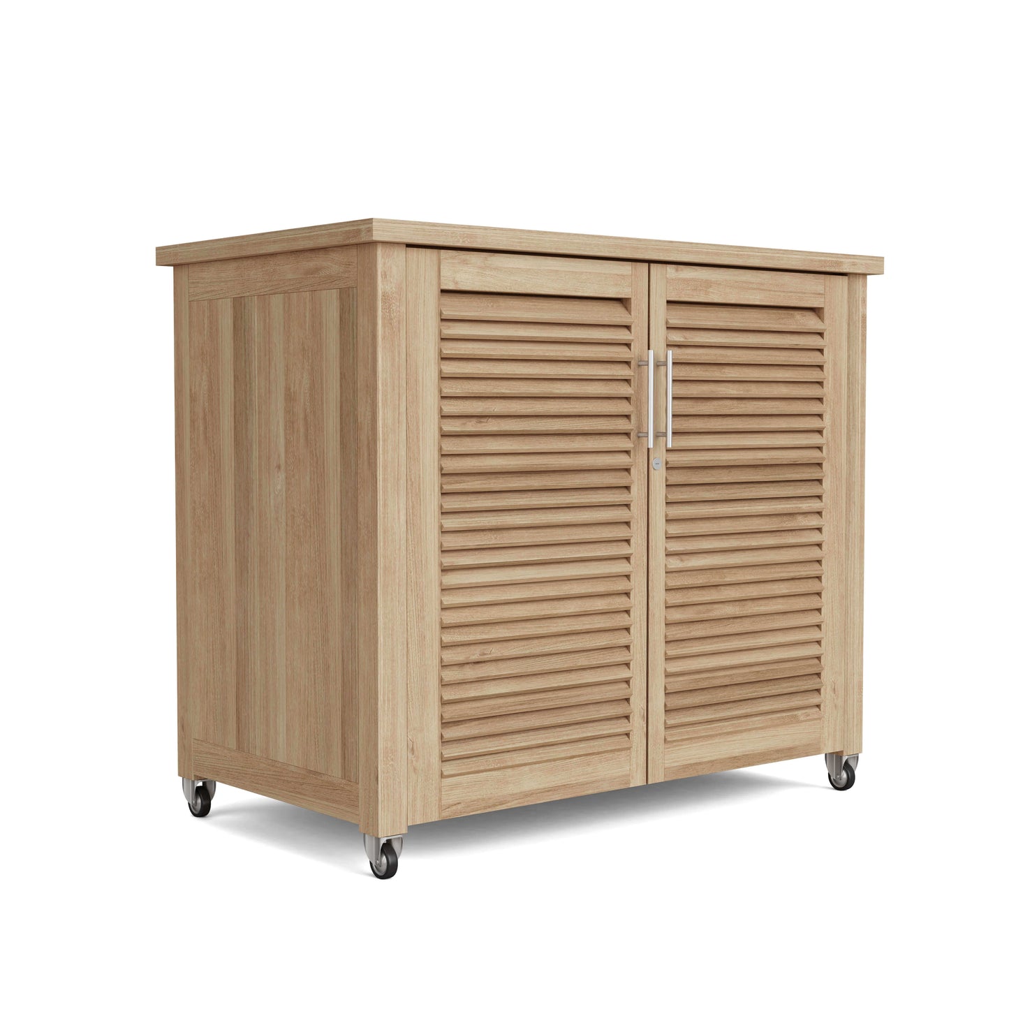 Amberly outdoor storage cabinet made from unfinished premium-grade teak with stainless steel handles and wheels