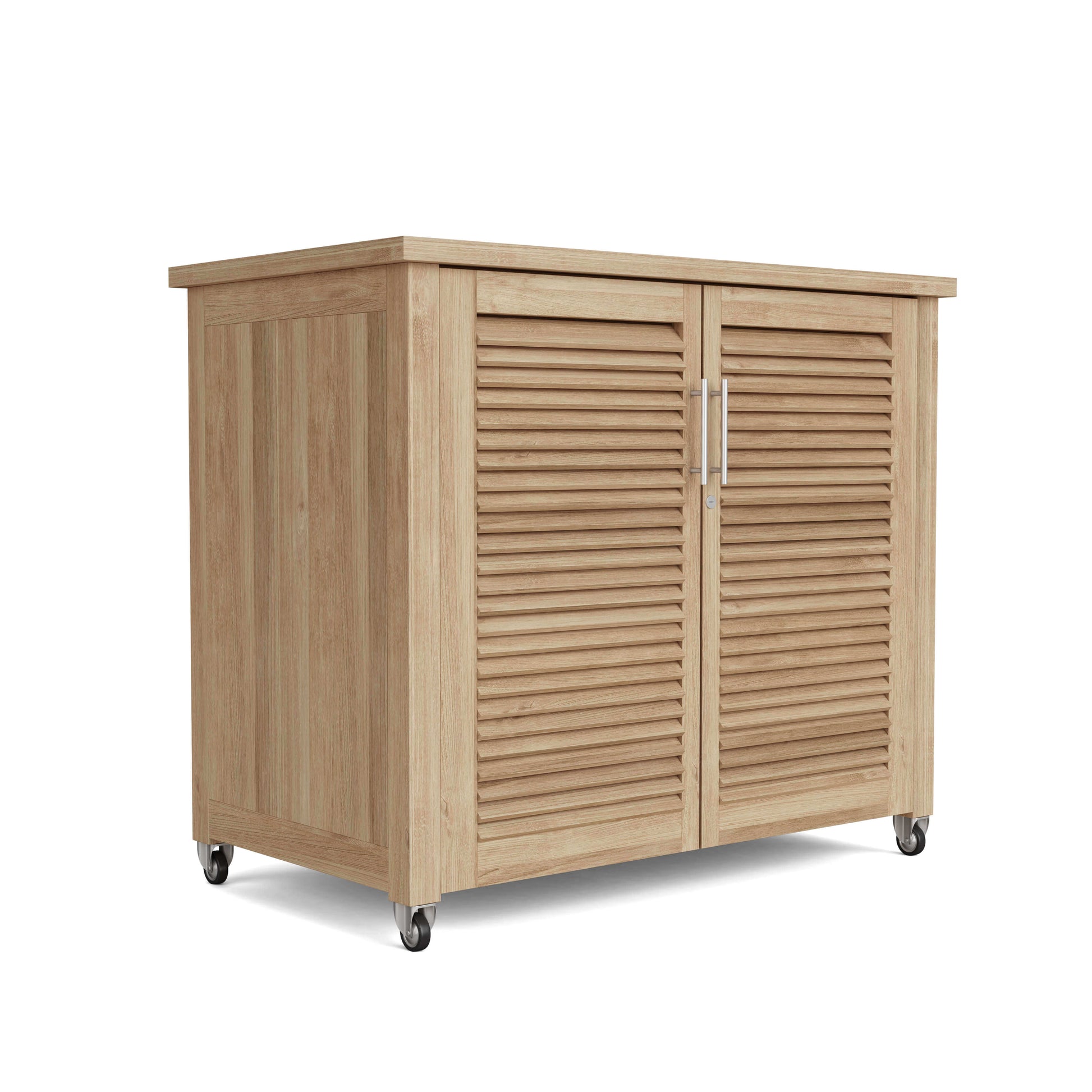 Amberly outdoor storage cabinet made from unfinished premium-grade teak with stainless steel handles and wheels