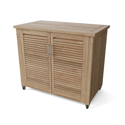 Angled view of Amberly cabinet highlighting smooth-rolling wheels and soft-close hinges for mobility and durability