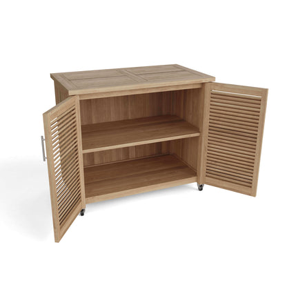 Teak storage cabinet with open doors showing interior shelf for organizing towels, drinks, or essentials