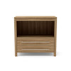 Teak storage cabinet with soft-close hinges, two-door front, and finished paneling