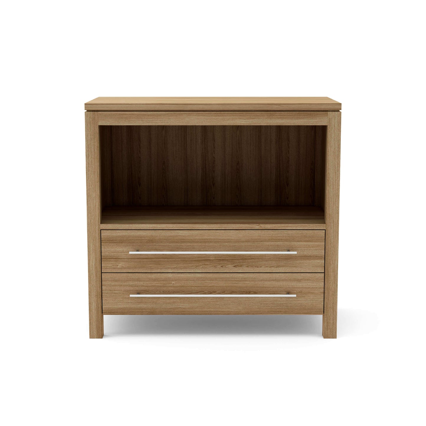 Teak storage cabinet with soft-close hinges, two-door front, and finished paneling
